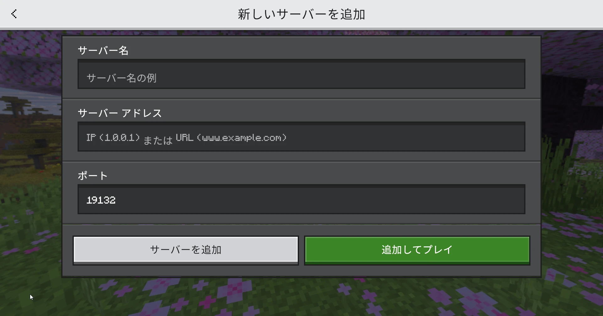 Minecraft 統合版の Add Server 画面でサーバー名とアドレスとポート番号の入力欄が見える画面