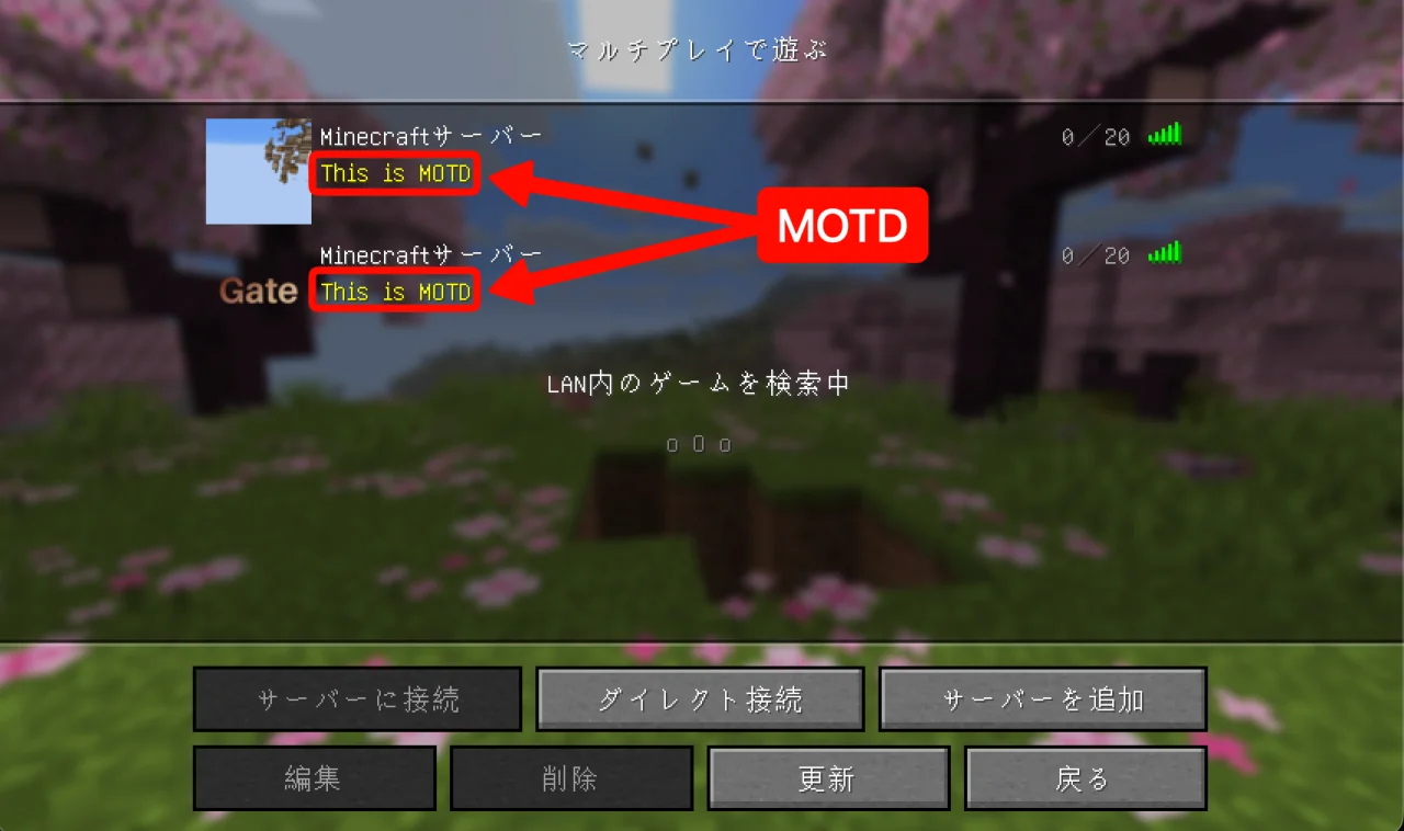 Minecraft のサーバー一覧画面で、サーバー名の下に表示されているのが MOTD
